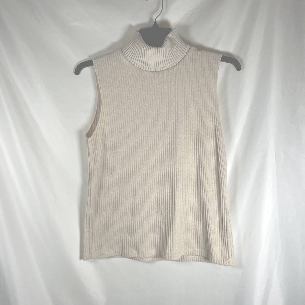 Zara Womens L Highneck Basic Ribbed Knit Top Tank Vest Turtleneck Ivory Cream
